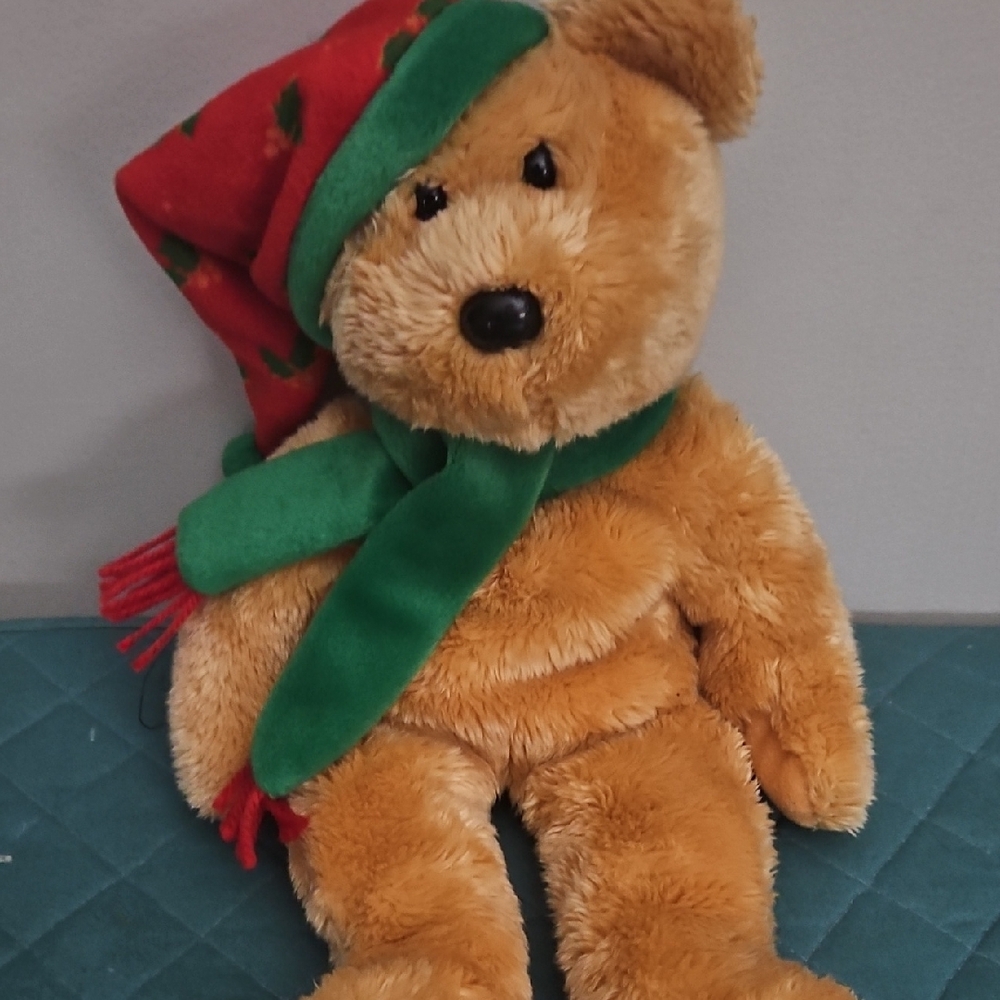 Holiday Teddy Bear with Red Hat and Green Scarf